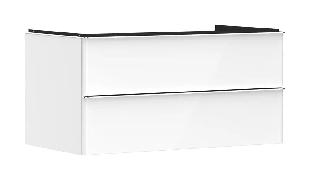 Weißer Waschtischunterschrank von Hansgrohe mit zwei Schubkästen und glatter Oberfläche, geeignet für Konsolen-Aufsatzwaschtisch.